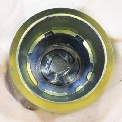 Retrieval_of_a_fractured_Straumann_Healing_Abutment_Post_Ultrasonic_Attempt_Preop Preop. test sample, magnified view, of an Astra Tech 4.2 EV Analog with a partially sectioned and fractured Atlantis abutment screw.