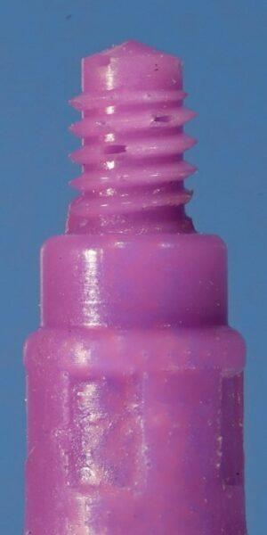 Impression of the implant threads at 90-degree rotation: note the 5 original threads on the left image and the thread loss in the top two threads as the impression rotates Impression of the implant threads at 90-degree rotation: note the 5 original threads on the left image and the thread loss in the top two threads as the impression rotates