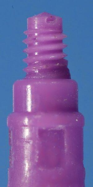 Impression of the implant threads at 90-degree rotation: note the 5 original threads on the left image and the thread loss in the top two threads as the impression rotates Impression of the implant threads at 90-degree rotation: note the 5 original threads on the left image and the thread loss in the top two threads as the impression rotates