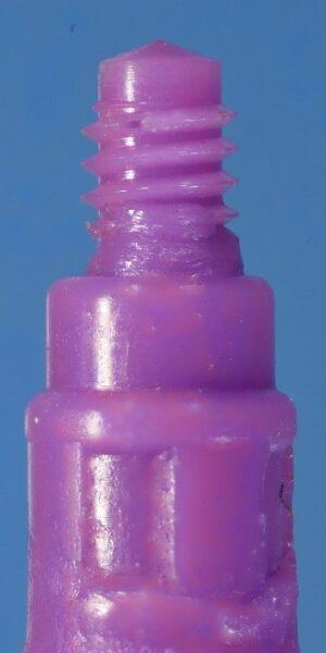 Impression of the implant threads at 90-degree rotation: note the 5 original threads on the left image and the thread loss in the top two threads as the impression rotates Impression of the implant threads at 90-degree rotation: note the 5 original threads on the left image and the thread loss in the top two threads as the impression rotates