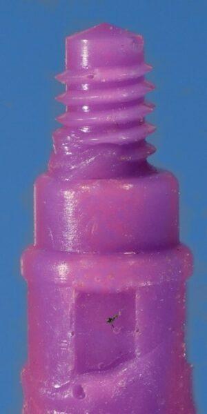 Impression of the implant threads at 90-degree rotation: note the 5 original threads on the left image and the thread loss in the top two threads as the impression rotates Impression of the implant threads at 90-degree rotation: note the 5 original threads on the left image and the thread loss in the top two threads as the impression rotates